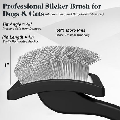 2PCS Slicker Brush for Dogs & Pet Comb,Professional Dog Grooming Brush (Goldendoodles,Poodles,Labradoodles) with Extra Long Pins to Effectively Remove Tangles, Knots and Mats (Black)