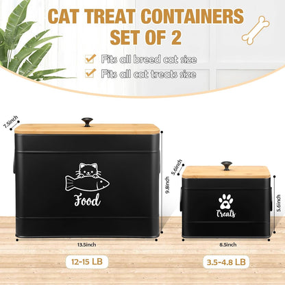 Extra Large Metal Cat Food Containers Airtight 12+3.5 lbs Cat Treat Snack Jars Set of 2 with Bamboo Lids and Spoons Farmhouse Big Pet Cookie Storage Jars for Kitchen Counter Gifts(Black)
