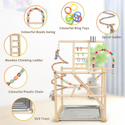 Bird Playground, Parrots Playstand for Small to Medium Birds, Perch Stand with 3 Ladders Playgym with Rope Perch, Swings Feeder Cups Bird Cage Accessories for Conure Cockatiel Lovebirds