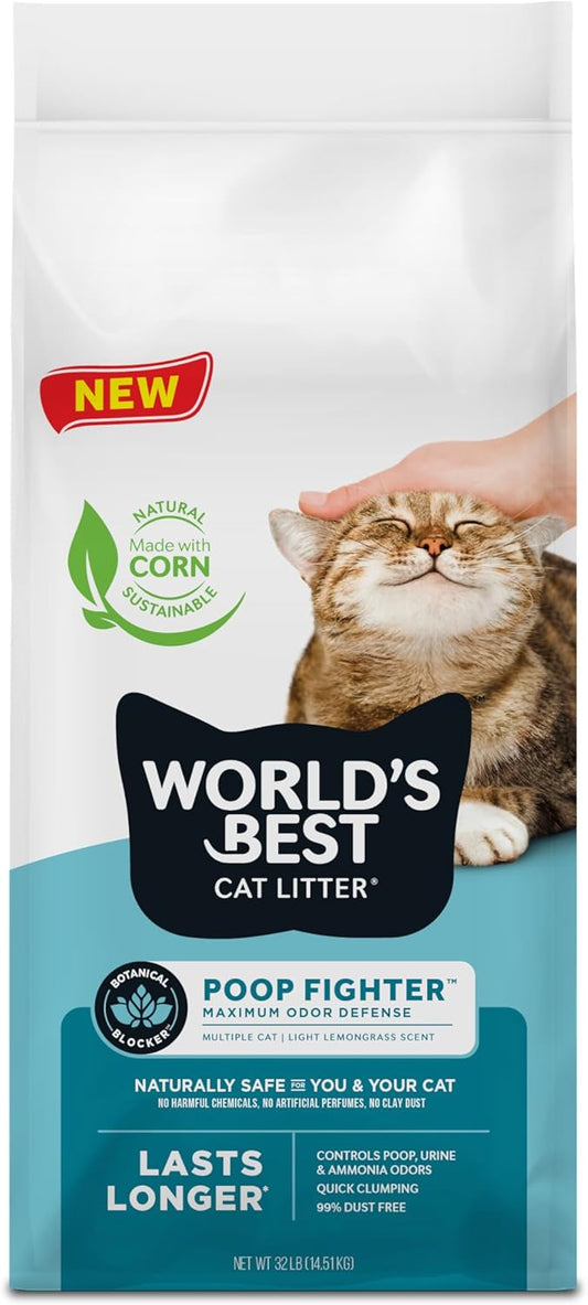 WORLD'S BEST CAT LITTER Poop Fighter Maximum Odor Defense, 32-Pounds - Natural Ingredients, Quick Clumping, Flushable, 99% Dust Free & Made in USA - Long-Lasting Odor Control & Easy Scooping