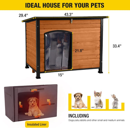 Insulated Outdoor Dog House with Liner for Winter Wooden Dog Kennel with All-Around Iron Frame,Waterproof