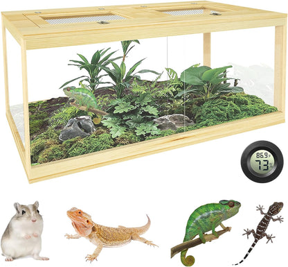 80 Gallon Reptile Tank - 48" Lockable Sliding Door Bearded Dragon & Snake Tank with Metal Mesh Roof, Front Opening Terrarium for Lizards, Leopard Gecko (Wood, 48" x 20" x 20")