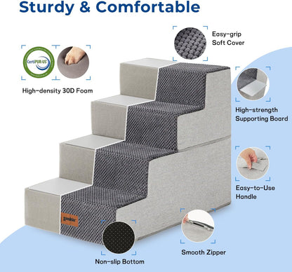 Dog Stairs for Large Dogs - Extra Wide Pet Stairs 2 in 1 with Zippers Suitable for Couch and Bed, Foam Dog Steps with Non Slip Bottom Grey 4 Steps, Grey