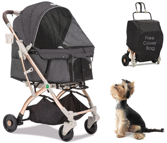HPZ-PR America Pet Rover Lite Premium Light-Weight Dog/Cat/Pet Stroller Travel Carriage with Convertible Compartment/Aluminum Frame for Small & Medium Pets (Gray 2nd-Gen.)