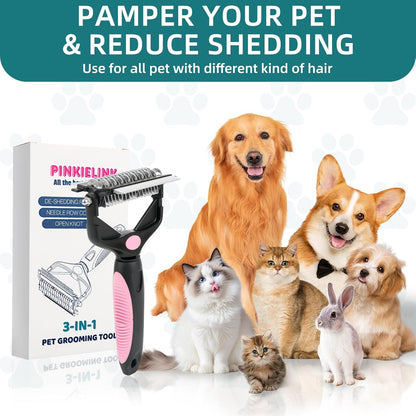 3-IN-1 Pet Grooming Tool - Undercoat Rake, Dematting Comb & Deshedding Brush for Cats & Dogs - Removes Mats, Tangles & Loose Fur, Reduces Shedding & Prevents Hair Mess (Pink)