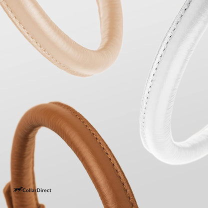 CollarDirect Rolled Leather Dog Collar, Soft Padded Round Puppy Collar, Handmade Genuine Leather Collar Dog Small Large Cat Collars 13 Colors (6-7 Inch, White Textured)