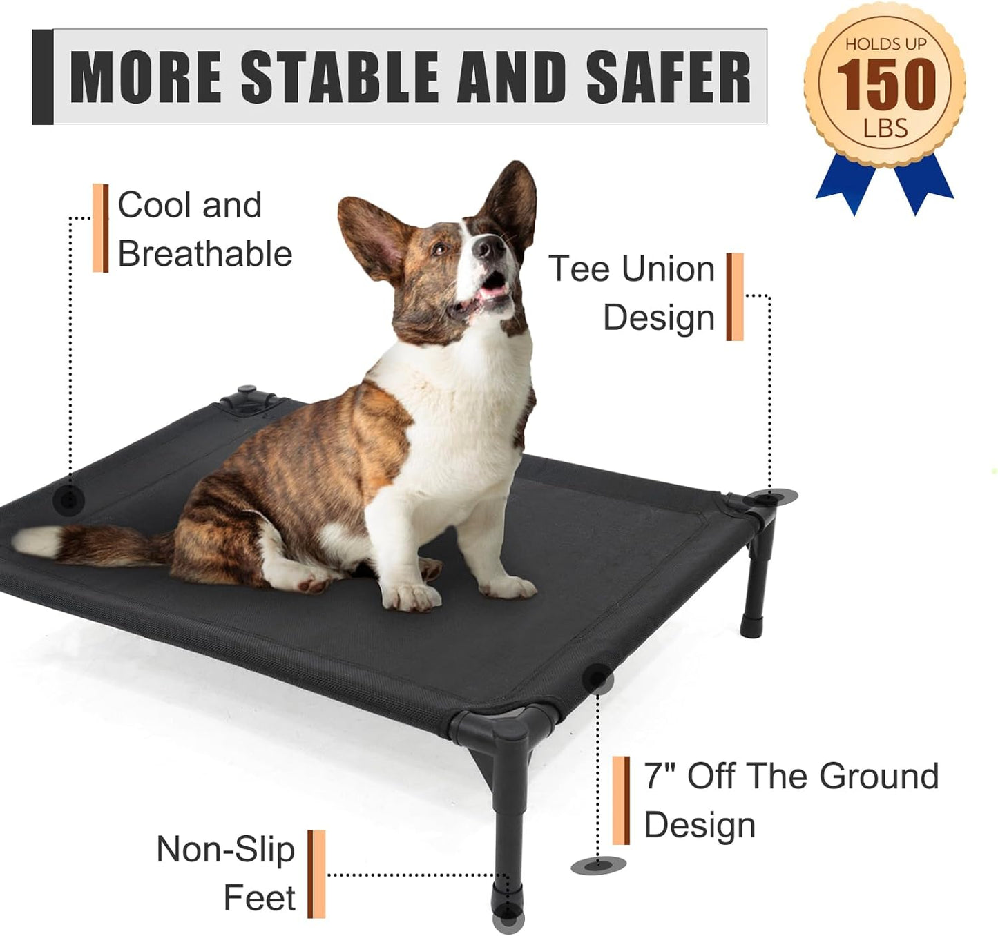 Elevated Dog Bed for Large Dogs, Raised Dog Cot Fits Up to 120 LBs, Heavy Duty Pet Cots with Durable Supportive Teslin Recyclable Washable Mesh, Indoor & Outdoor Pet Bed, Black