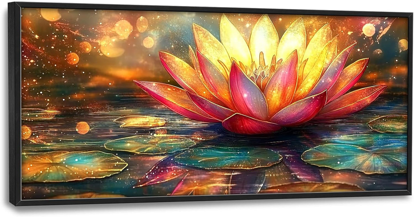 Framed Large Lotus Wall Art for Living Room, Oversized Lotus Flower Wall Decor Zen Golden Floral Canvas Painting Modern Artwork Home Decoration for Living Room Bedroom Office 60"x30"