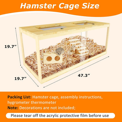 Large Hamster Cage 48", Front Opening Lockable Sliding Door Gerbil Cage, Dwarf Hamster Cage with Metal Mesh Roof, Chewproof Syrian Hamster Habitat Enclosure, (Wooden, 48" L x 20" W x 20" H)