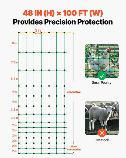 VEVOR Electric Fence Netting, 48" H x 100' L, PE Net Fencing Kit with Posts & Double-Spiked Stakes, Utility Portable Mesh for Chickens, Ducks, Geese, Rabbits, Used in Backyards, Farms, and Ranches