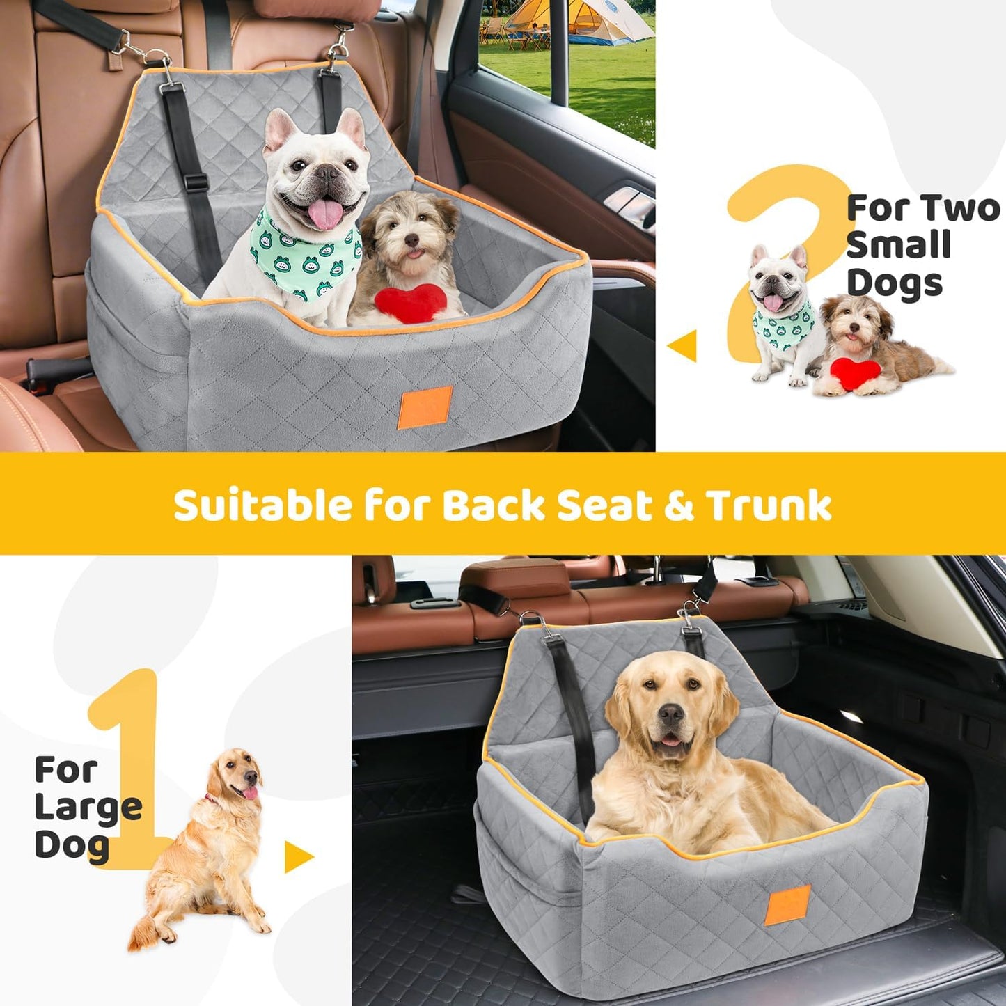Dog Car Seat for Large/Medium Dog, Booster Seat for Dogs Under 55Lbs or 2 Small Puppy, Detachable and Washable Travel Pet Bed with Thick Cushion and Storage Pockets (Gray)