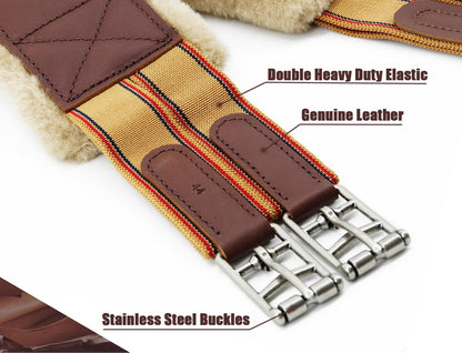 Jeereal Fleece English Girth | Breathable Horse Girth for English Saddle with Double Heavy Duty Elastic - Genuine Leather and High-Strength Webbing Stitched