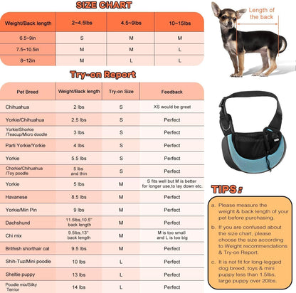 YUDODO Pet Sling Carrier for Small Dogs & Cats – Hands-Free Puppy Carrier with Safety Hook, Large Zipper Pocket, Soft Breathable Mesh, Adjustable Strap & Reflective Strip (Cyan 3.0 M)