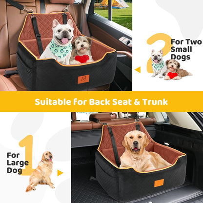 Dog Car Seat for Large/Medium Dog, Booster Seat for Dogs Under 55Lbs or 2 Small, Detachable and Washable Travel Pet Seat with Thick Cushion and Storage Pockets (Black/Brown)