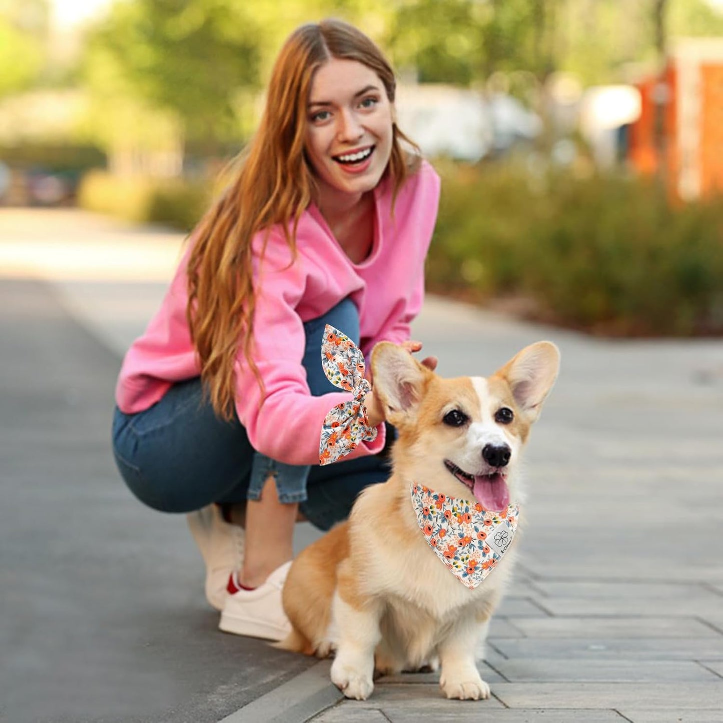 E-Clover Dog Bandanas & Matching Scrunchie Set Girl Cute Flower Dog Scarf Bibs Pet Bandana with Bow Tie for Small Dogs Puppy Owner Spring