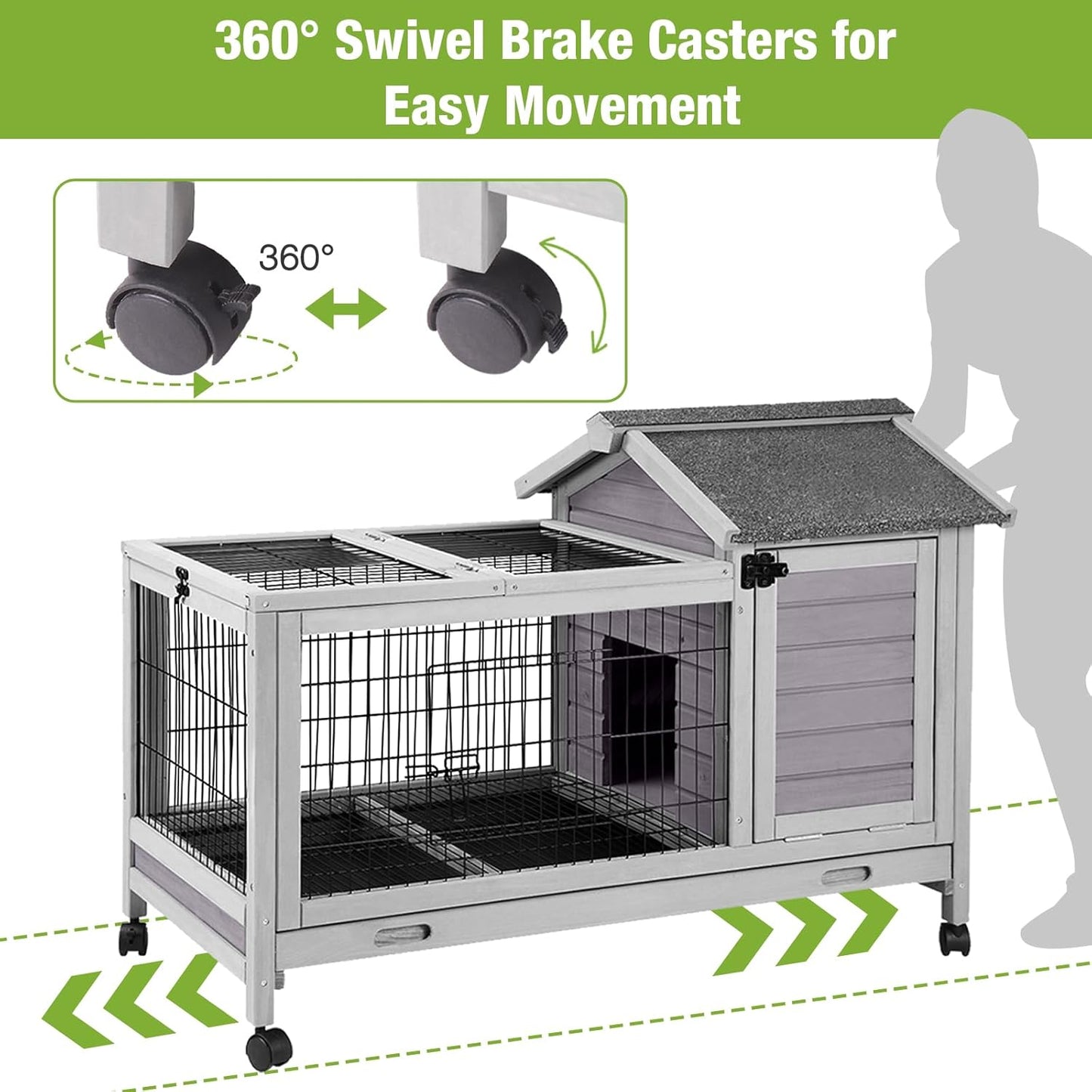 GUTINNEEN Rabbit Hutch Bunny Cage with Removable Wire Floor, Indoor/Outdoor Guinea Pig Cages with Leakproof Pull-Out Tray, 4 Lockable Wheels & Run Space
