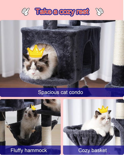 Cat Tree, Cat Tower for Large Cats with 2 Big Platforms, 2 Baskets, condo and Toys, 63" Cat Scratching Posts for Indoor Cats, Smoky Gray GCT020G