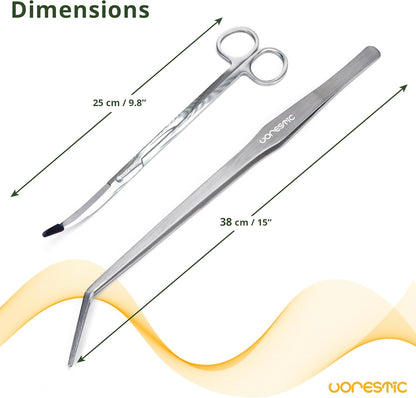 2PCS 15" Curved Aquarium Tweezers Long and 9.8" Aquarium Scissors, Feeding Tongs and Scissors with Protective Cap, Stainless Steel Aquascaping Tools for Plant Trimming and Reptile Feeding