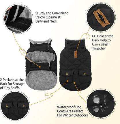 Queenmore Dog Winter Coat Warm Puffer Jacket Waterproof Plush Lining Thermal Cold Weather Vest for Small Medium Large Dogs, Windproof Easy On Pet Jacket Black XL