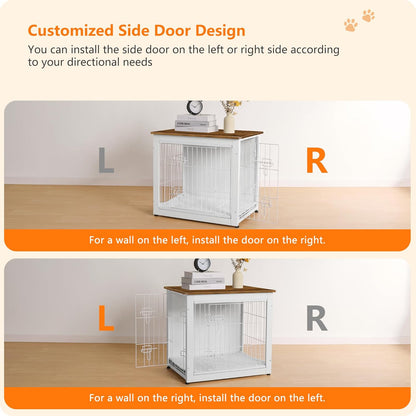 DWANTON Dog Crate Furniture with Cushion, Wooden Kennel Table with Double Doors, Indoor Dog House, Small/Medium/Large Size, 27.2" L, White+Warm Brown