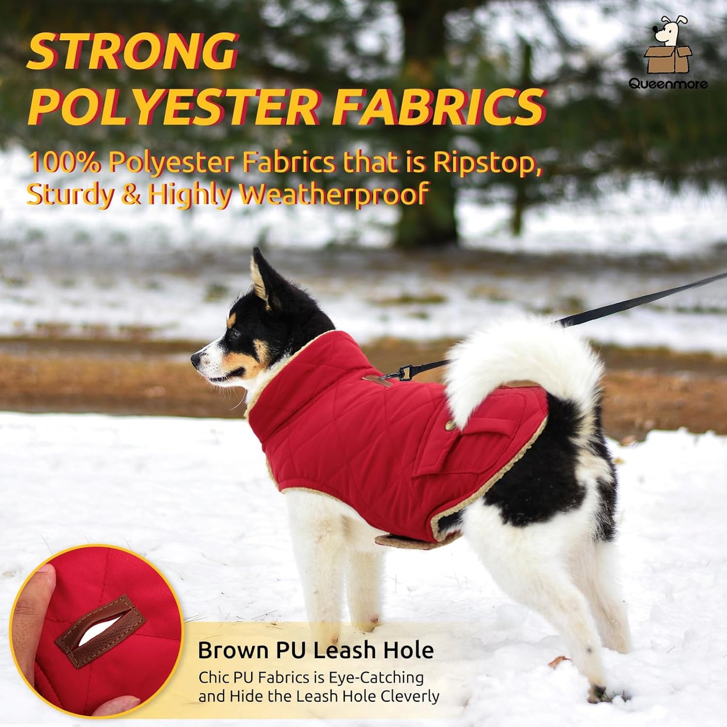 Queenmore Warm Dog Coat, Cold Weather Puffer Jacket with Ultra Thick Plush Lining and Storage Pockets (Red, Large)