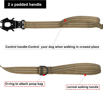 ICEFANG Tactical Dog Leash,K9 Training Walking Bungee Lead with 2 Control Handle,Heavy Duty Quick Release Metal Clasp,Hands Free D-Ring for Medium Large Dogs (6ft,Reflective Brown)