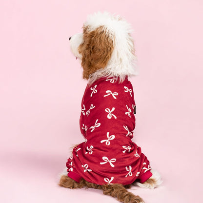 Fitwarm Bowknot Dog Pajamas, Warm Clothes for Small Dogs Girl, Fleece Pet Onesie with Feet, Burgundy Red, White, XXL