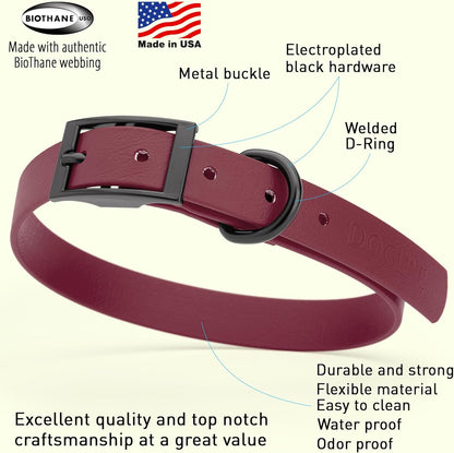 Dogline Biothane Waterproof Dog Collar Strong Coated Nylon Webbing with Black Hardware Odor- Proof for Easy Care Easy to Clean High Performance Fits Small Medium or Large Dogs, Merlot Burgundy