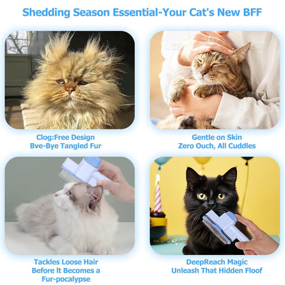 Zen Brush for Cats: Cat Flea Comb & Dematting Comb for Cats - Self-Cleaning Pet Hair Removal Tool with Long & Short Stainless Steel Teeth, Blue Pink