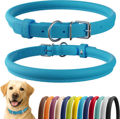 CollarDirect Rolled Leather Dog Collar, Soft Padded Round Puppy Collar, Handmade Genuine Leather Collar Dog Small Large Cat Collars 13 Colors (15-19 Inch, Light Blue)