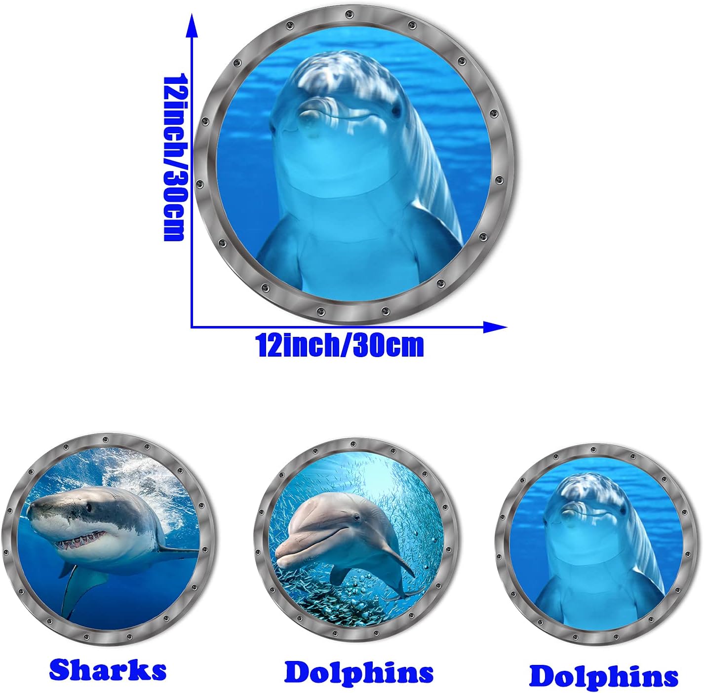 Ocean Animals World Under Sea Decor Includ Dolphins Sharks 3 Pcs Removable 3D Peel and Stick Vinyl Stickers for Bathroom,Wall Decor,Wall Stickers,Bedroom,Furniture