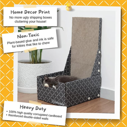 HIDE & SCRATCH 26" L Shaped Cat Scratcher Box and Cat Bed with Double-Sided Cardboard Cat Scratch Pad