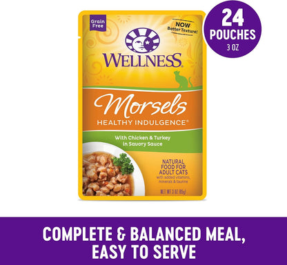 Wellness Healthly Indulgence Morsels Adult Wet Cat Food, Natural, Protein-Rich, Grain Free, 3 Ounce Pouch, 24 Pack, (Chicken & Turkey)