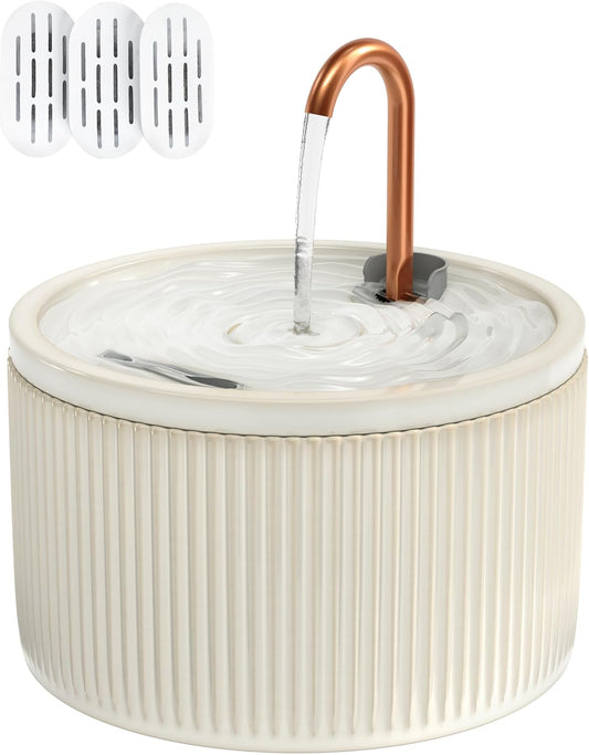 DOOOB Ceramic Cat Water Fountain, 2.1L/71oz Ceramic Cat Fountains, Automatic Pet Water Fountain for Cats, Pet Water Fountain with Ultra-Quiet Pump and 3 Filters & 3 Sponges (Beige)