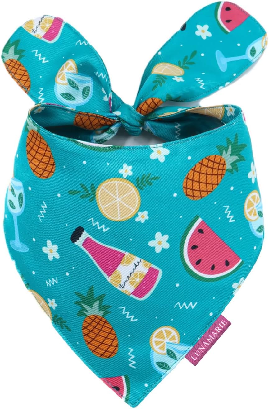 LunaMarie - Luxury Pet Birthday Bandanas -Premium & Silky Poly Fabric | 100% Handmade | Custom Shape Dual Layered (Sippin' Poolside, Medium)