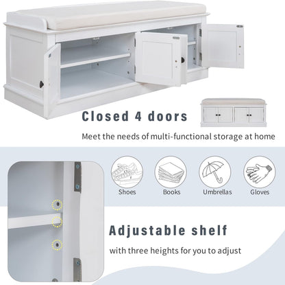 Storage Bench with 4 Doors and Adjustable Shelves, Shoe Bench with Removable Cushion for Living Room, Entryway 42.7" L x 16" W x 17.4" H (White)