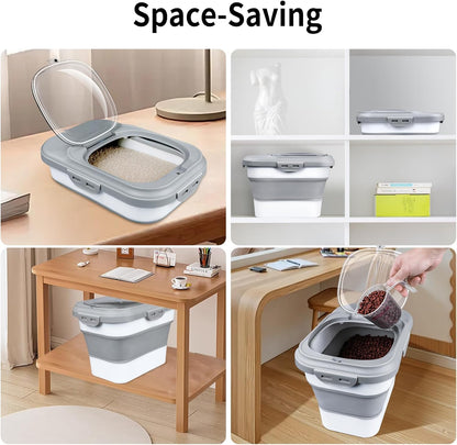 Rice Storage Container, Collapsible Airtight Food Storage Containers 6-20 Lbs, Rice Dispenser with Measuring Cup and Small Bin for Flour Cereal Pasta Grain, Cat Pet Dog Bird Food Container