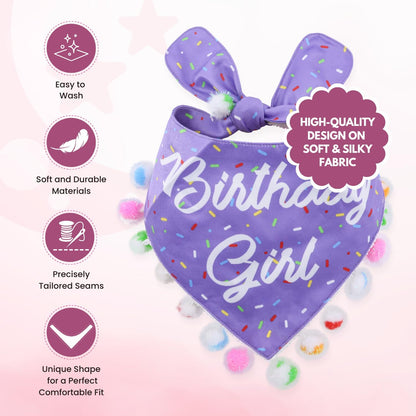 LunaMarie - Luxury Pet Birthday Bandanas -Premium & Silky Poly Fabric | 100% Handmade | Custom Shape Dual Layered (Birthday Girl Purple, Large)