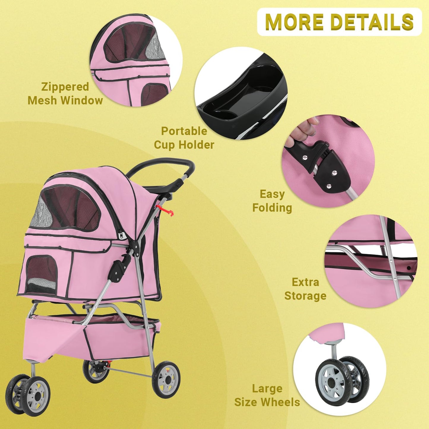 3-Wheels Pet Strolling Cart for Small Medium Dogs and Cats with Storage Basket,Holder, Foldable Pet Stroller with Waterproof Cover, Breathable Mesh for All-Season, Pink