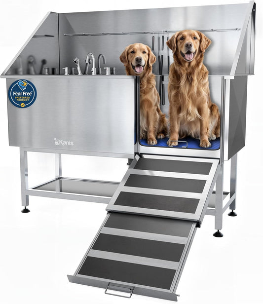 KANIS Professional Dog Washing Station - 304 Stainless Steel Pet Wash Sink & Grooming Bath Tub for Home with Ramp, Shower, Floor Grate, Storage Shelf, Faucet, Drain Kit for Large, Medium & Small Pets