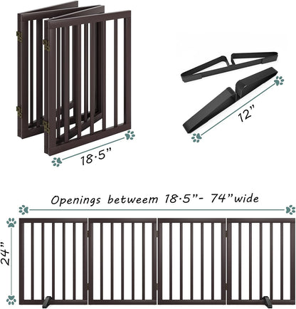 Wooden Dog Gate Freestanding Foldable 4 Panel Pet Gates Extra Wide Dog Gates for Indoor Doorways Stairs 24in Height Support Feet Included