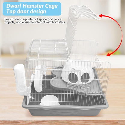 PINVNBY Dwarf Hamster Cage, Small Animal Cages, 2-Tier Travel Portable Mouse Cage Hamster Carrier with Castle House Running Exercise Wheels, Water Bottle and Food Dis（Gray）