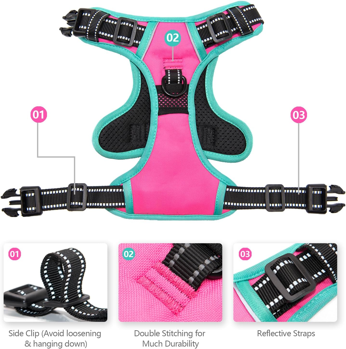PHOEPET 2019 Upgraded No Pull Dog Harness, Reflective Adjustable Vest, with a Training Handle + 2 Metal Leash Hooks+ 3 Snap Buckles +4 Slide Buckles(L, Pink)