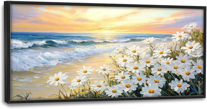 Large Beach Daisy Wall Art, Framed Coastal Beach Wall Decor for Living Room, Oversized Sunrise Canvas Painting Seascape Pictures Home Decoration for Living Room Bedroom Office 60"x30"