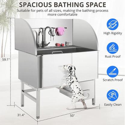 Professional Dog Grooming Tub, 50" Stainless Steel Dog Wash Station with Foldable Ramp, Storage Drawer, Floor Grate & Faucet/Dog Bathtub for Large, Medium & Small Pets - Left Door (50")