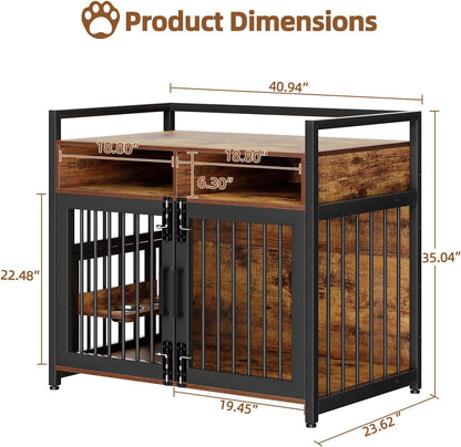 Furniture Style Dog Crate with Storage, 41 Inch Dog Crate Furniture with Double Doors, 2 Stainless Steel Bowls, Dog Crate Furniture-Style Crate for Large/Medium Dog