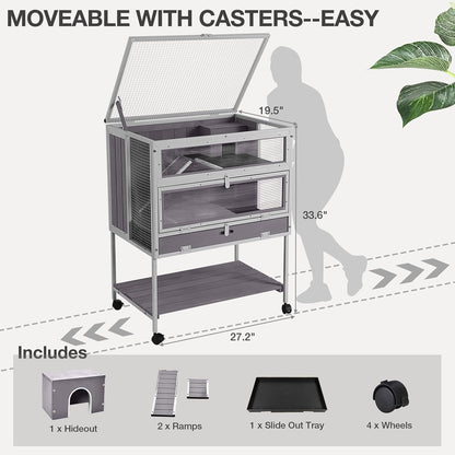 Guinea Pig Cage, Moveable Metal Frame Hamster Cage Anti-Chewing with Aluminium Alloy Edge, Hideouts, Ramps, Seesaws Chewing Toy, Deeper Pull-Out Leakproof Tray for Indoor Outdoor（White）