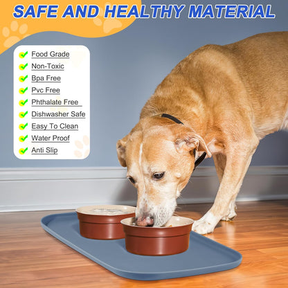 Silicone Pet Feeding Mat with Raised Edge for Food and Water, Dog Bowl Mats, Cat Bowls Placemat with High Lip for Floor Waterproof, Rubber Tray for Cats and Dogs 24 x 16 x0.8 Slate Blue