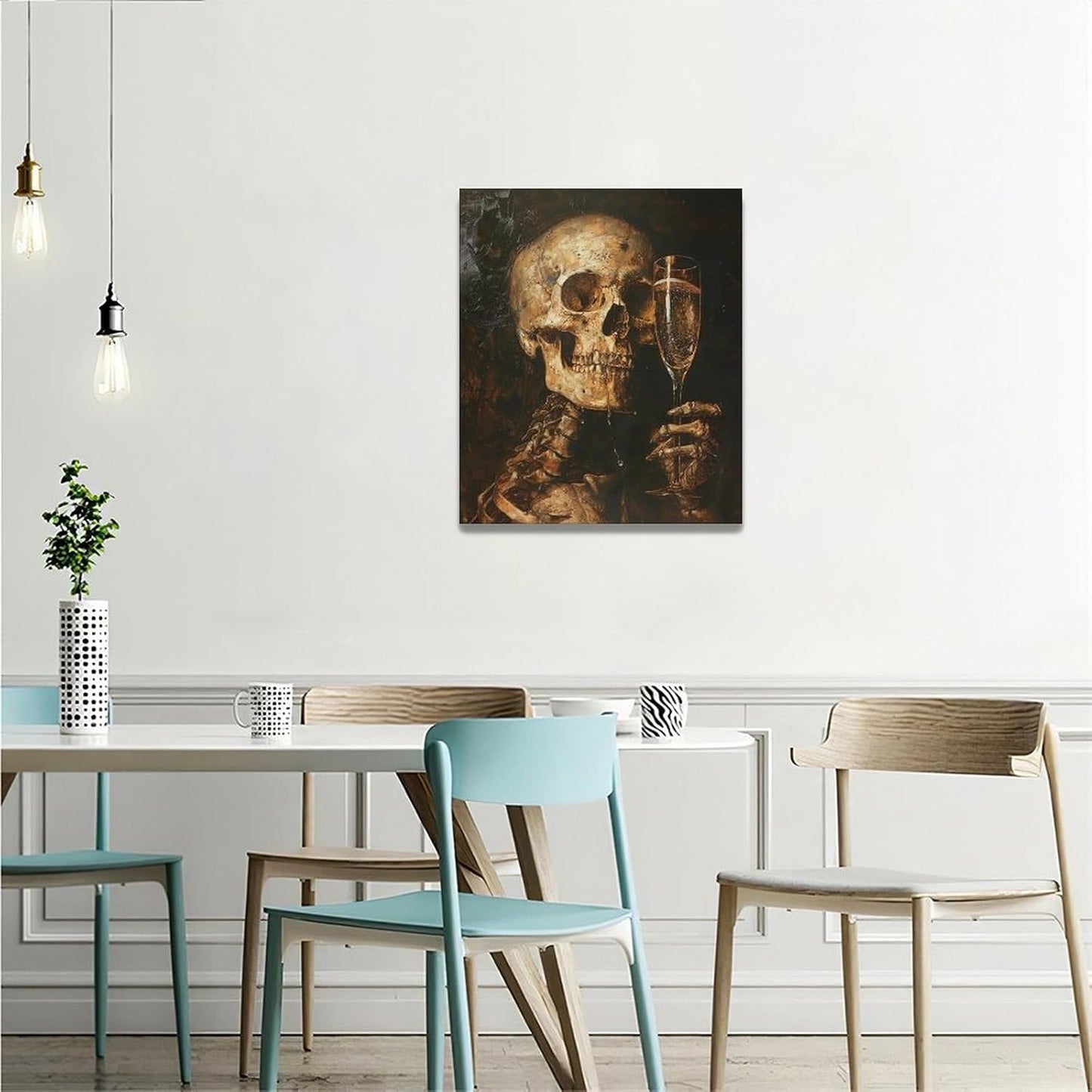 Quorin Gothic Skeleton Wall Art Goth Skull Champagne Wall Decor Dark Academia Pictures Horror Canvas Print Painting Artwork for Bathroom Living Room Bedroom 20"x24"