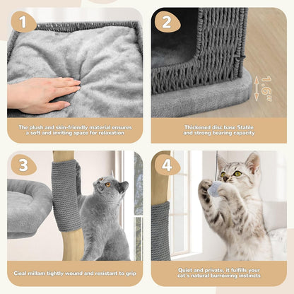 Modern Cat Tree for Large Cats - Multi-Level Wooden Tower with Scratching Posts, Large Jumping Platforms, Hanging Toy - Modern Luxury Cat Furniture for Indoor Cats-Grey
